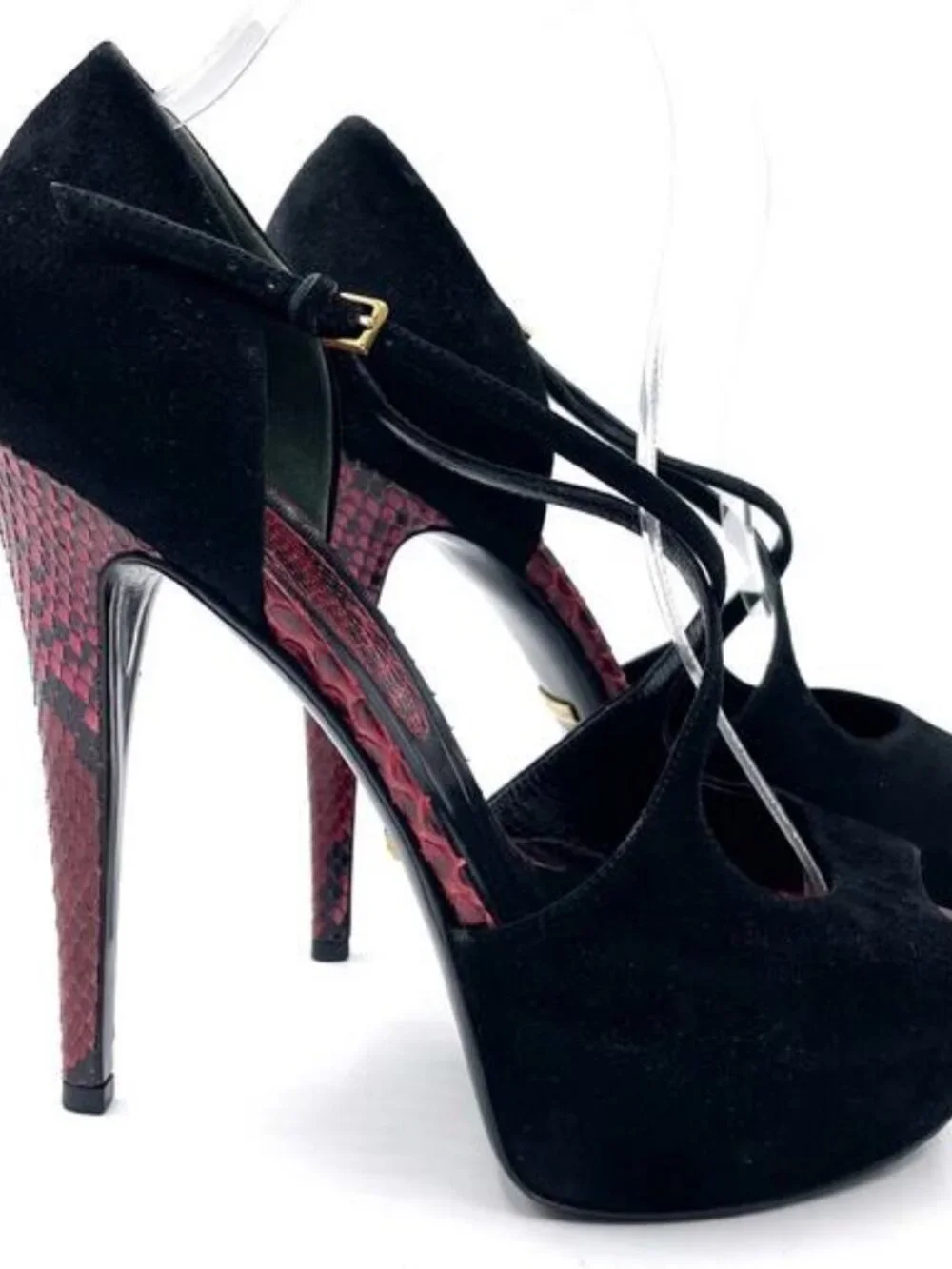 Epic Gucci black suede with red and pink Python Snakeskin platform heels  size 3